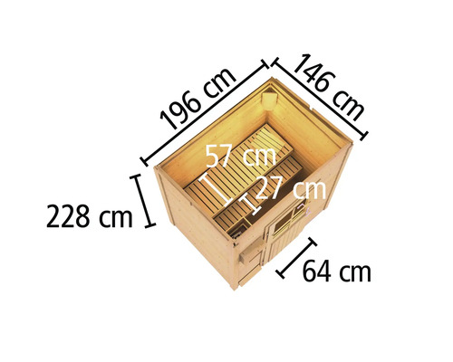 Abmessungen der Gartensauna aus Holz, Länge 196 cm, Breite 146 cm, Höhe 228 cm