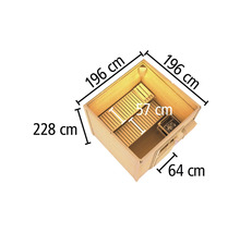 Sauna mit den Massen 196 cm x 196 cm x 228 cm, Türbreite 64 cm und Sitzbanktiefe 57 cm