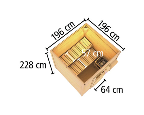 Sauna mit den Massen 196 cm x 196 cm x 228 cm, Türbreite 64 cm und Sitzbanktiefe 57 cm