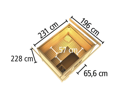 Abmessungen einer Gartensauna mit einer Breite von 231 Zentimetern, einer Tiefe von 196 Zentimetern und einer Höhe von 228 Zentimetern.