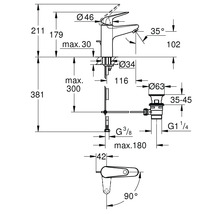 Technische Zeichnung eines Wasserhahns mit Maßangaben