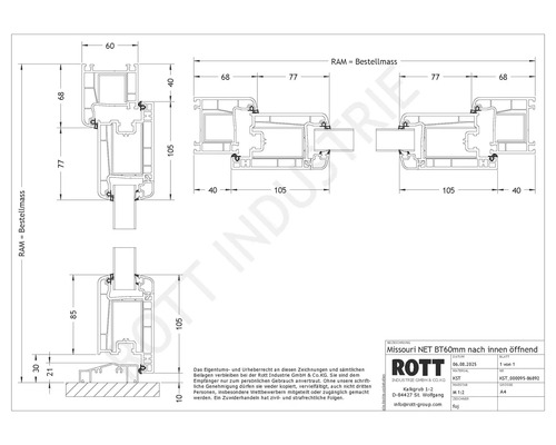 Technische Zeichnung eines Fensterprofils mit Maßangaben