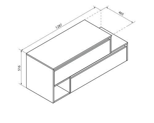 Zeichnung eines Waschtischunterschranks mit Schubladen und offenen Fächern sowie Maßangaben