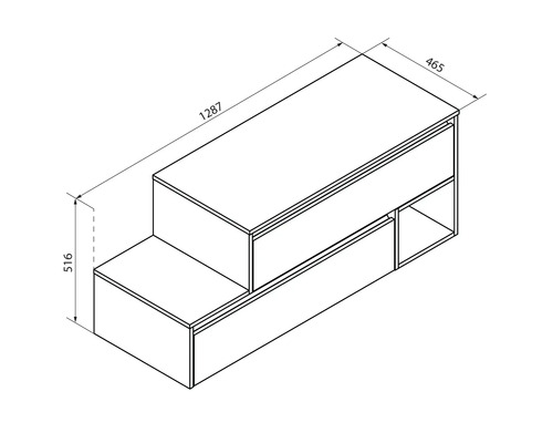 Technische Zeichnung eines Waschtischunterschranks mit Schubladen und offenen Fächern mit Maßangaben.