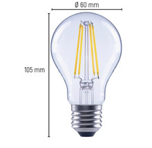 Abbildung einer klaren LED-Lampe mit den Maßen 60 mm Durchmesser und 105 mm Höhe.