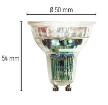GU10 LED Lampe mit den Maßen Durchmesser 50 Millimeter und Höhe 54 Millimeter
