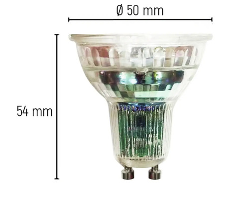 GU10 LED Lampe mit den Maßen Durchmesser 50 Millimeter und Höhe 54 Millimeter