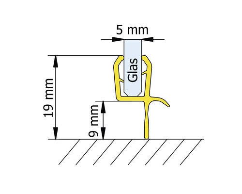 Abbildung der Maße einer Dichtung für Glas mit einer Glasstärke von 5 mm