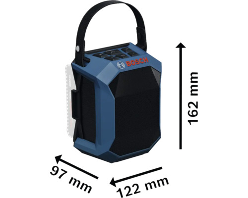 Bosch Baustellenradio mit den Maßen 162 mm Höhe, 97 mm Breite und 122 mm Tiefe.