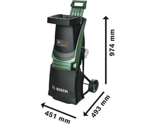 Bosch Gartenhäcksler mit den Abmessungen 974 mm Höhe, 451 mm Breite und 493 mm Tiefe.