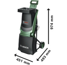 Bosch Häcksler mit den Maßen 451 mm Breite, 493 mm Tiefe und 974 mm Höhe.