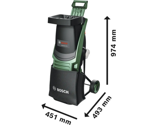 Bosch Häcksler mit den Maßen 451 mm Breite, 493 mm Tiefe und 974 mm Höhe.