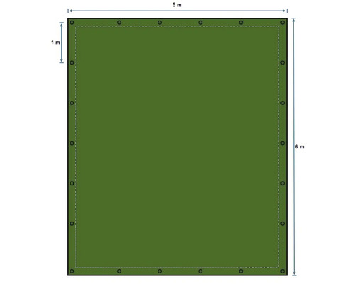 Draufsicht einer rechteckigen Gewebeplane mit Ösen, 5 Meter breit und 6 Meter lang