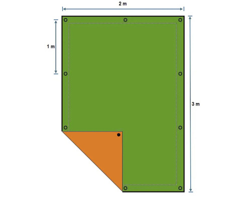 Illustration einer rechteckigen Plane mit den Maßen zwei Meter mal drei Meter.