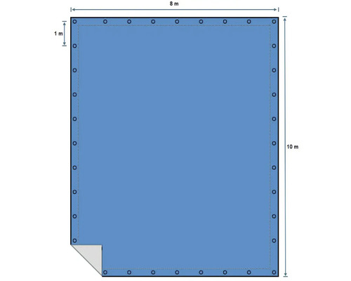 Abbildung einer rechteckigen Poolabdeckung mit Ösen und den Maßen 8 Meter mal 10 Meter.