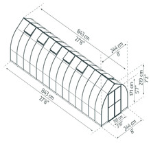 Abbildung eines Gewächshauses mit den Maßangaben Länge 843 cm, Breite 244 cm und Höhe 219 cm.