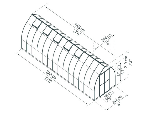 Abbildung eines Gewächshauses mit den Maßangaben Länge 843 cm, Breite 244 cm und Höhe 219 cm.