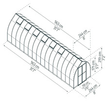 Abbildung eines Gewächshauses mit den Maßen Länge 963 cm, Breite 244 cm und Höhe 219 cm.