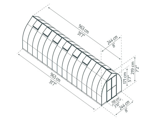 Abbildung eines Gewächshauses mit den Maßen Länge 963 cm, Breite 244 cm und Höhe 219 cm.