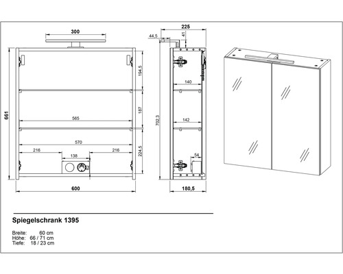 Technische Zeichnung eines Spiegelschranks mit Maßangaben