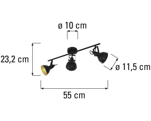 Deckenleuchte mit drei Strahlern und Größenangaben