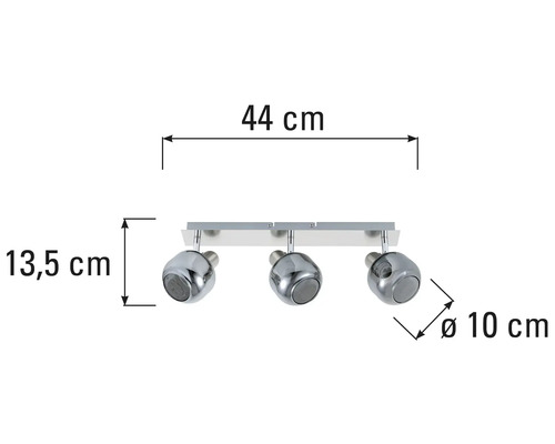Deckenleuchte mit drei Strahlern und Maßangaben