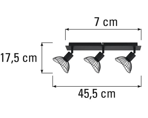 Abmessungen einer schwarzen Deckenleuchte mit drei Strahlern.