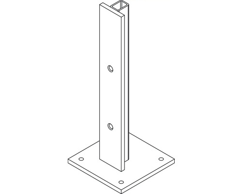 Pfosten für den Zaunbau mit quadratischer Grundplatte und Löchern
