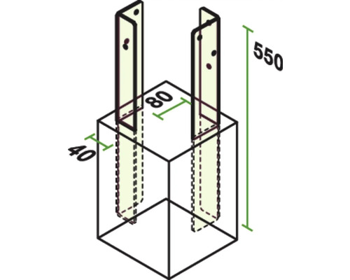 Abbildung eines Pfostenträgers mit den Maßen 550, 80 und 40.