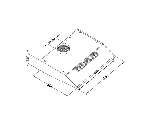 Technische Zeichnung einer Dunstabzugshaube mit Maßangaben