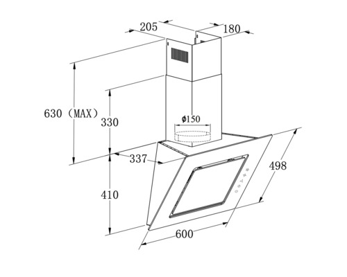 Technische Zeichnung einer Dunstabzugshaube mit Maßangaben