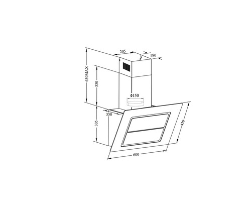 Technische Zeichnung einer Dunstabzugshaube mit Maßangaben