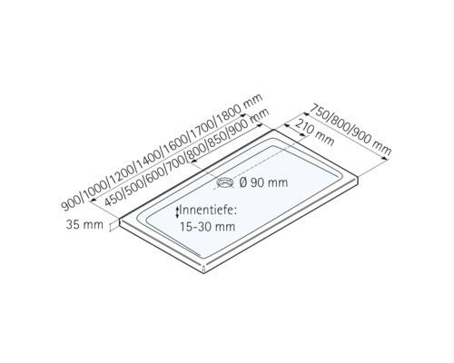 Technische Zeichnung einer Duschwanne mit Maßangaben