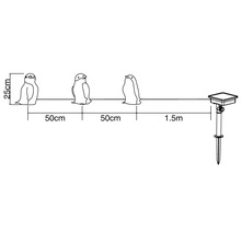 Abbildung einer Lichterkette mit drei Pinguinen, jeweils 25 cm hoch und im Abstand von 50 cm zueinander, mit einem 1,5 m Abstand zum Solarpanel mit Erdspieß