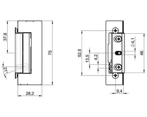 Technische Zeichnung eines Türöffners mit Maßangaben