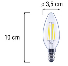 Abmessungen einer LED Leuchte in Kerzenform mit E14 Sockel, 10 cm Länge und 3,5 cm Durchmesser
