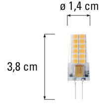 G4 Leuchtmittel mit den Maßen 3,8 cm Länge und 1,4 cm Durchmesser