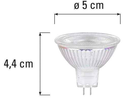 MR16 Leuchtmittel mit den Maßen 5 Zentimeter Durchmesser und 4,4 Zentimeter Länge