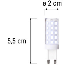Abbildung einer G9 LED Leuchte mit den Maßen 5,5 cm Länge und 2 cm Durchmesser.