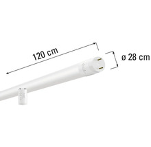 Abbildung einer 120 cm langen und 28 cm breiten LED-Röhre.