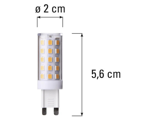 G4 Leuchtmittel mit den Maßen Durchmesser zwei Zentimeter und Länge fünfeinhalb Zentimeter.