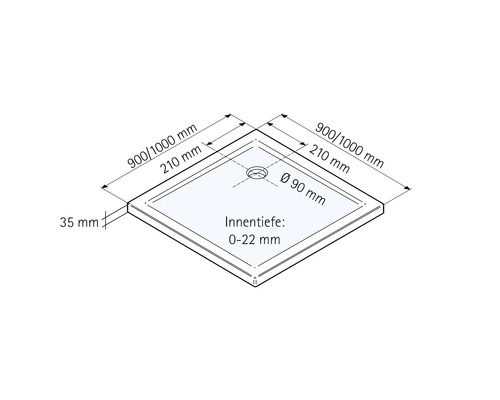 Technische Zeichnung einer Duschwanne mit Maßangaben