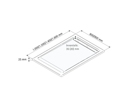 Technische Zeichnung einer Duschwanne mit den Maßen 800/900 mm, 1000/1200/1400/1600 mm und einer Innentiefe von 35 (20) mm