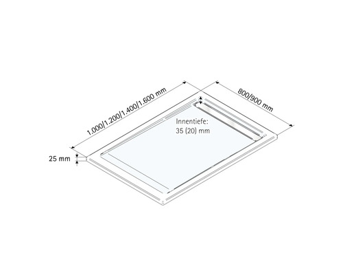 Technische Zeichnung einer Duschwanne mit Maßangaben