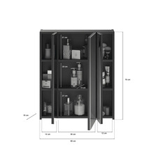 Badezimmerschrank mit Spiegel und Abmessungen.