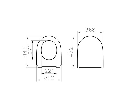 Technische Zeichnung eines Toilettensitzes mit Maßen