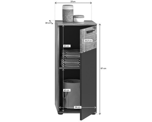 Schmaler Badezimmerschrank mit offenem Regal, Handtüchern, Wäschekorb und Abmessungen