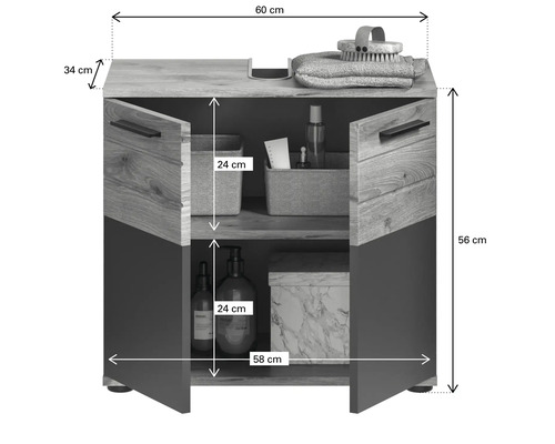 Waschtischunterschrank mit zwei Türen, zwei Ablagen und Maßangaben