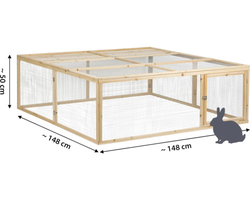 Freilaufgehege aus Holz mit Drahtgitter und Abdeckung, circa 148 x 148 x 50 cm