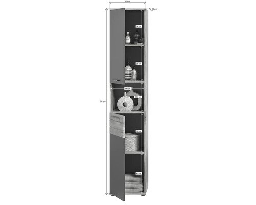 Badezimmerschrank mit Abmessungen 190 cm Höhe, 37 cm Breite und 34 cm Tiefe.